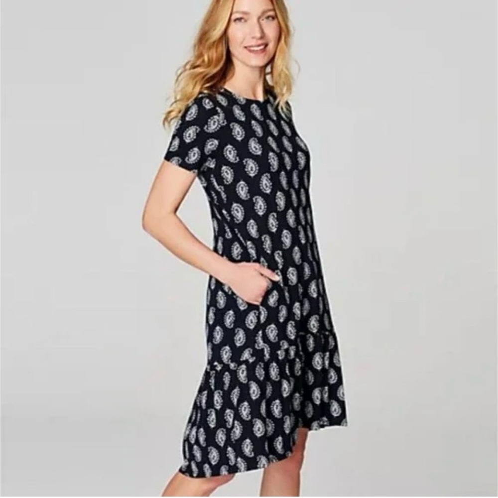 NEW J. Jill Dress Paisley Print Navy Blue Ruffle Hem Midi Pockets Sz S Cotton